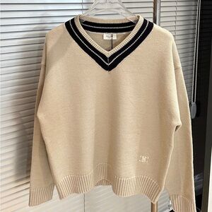 Celine Beige V-Neck Sweater with Black Trim